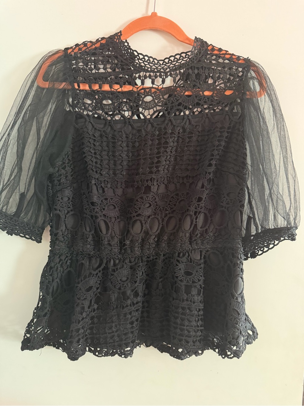 Black Lace Crochet Puff-Sleeve Top